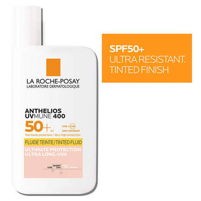 La Roche-Posay sunscreen bottle with SPF50+ label on a white background