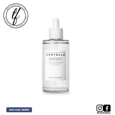 A clear glass bottle with a white dropper containing a skin care ampoule. The label reads 'SKIN1004 CENTELLA ASIATICA Ampoule'.