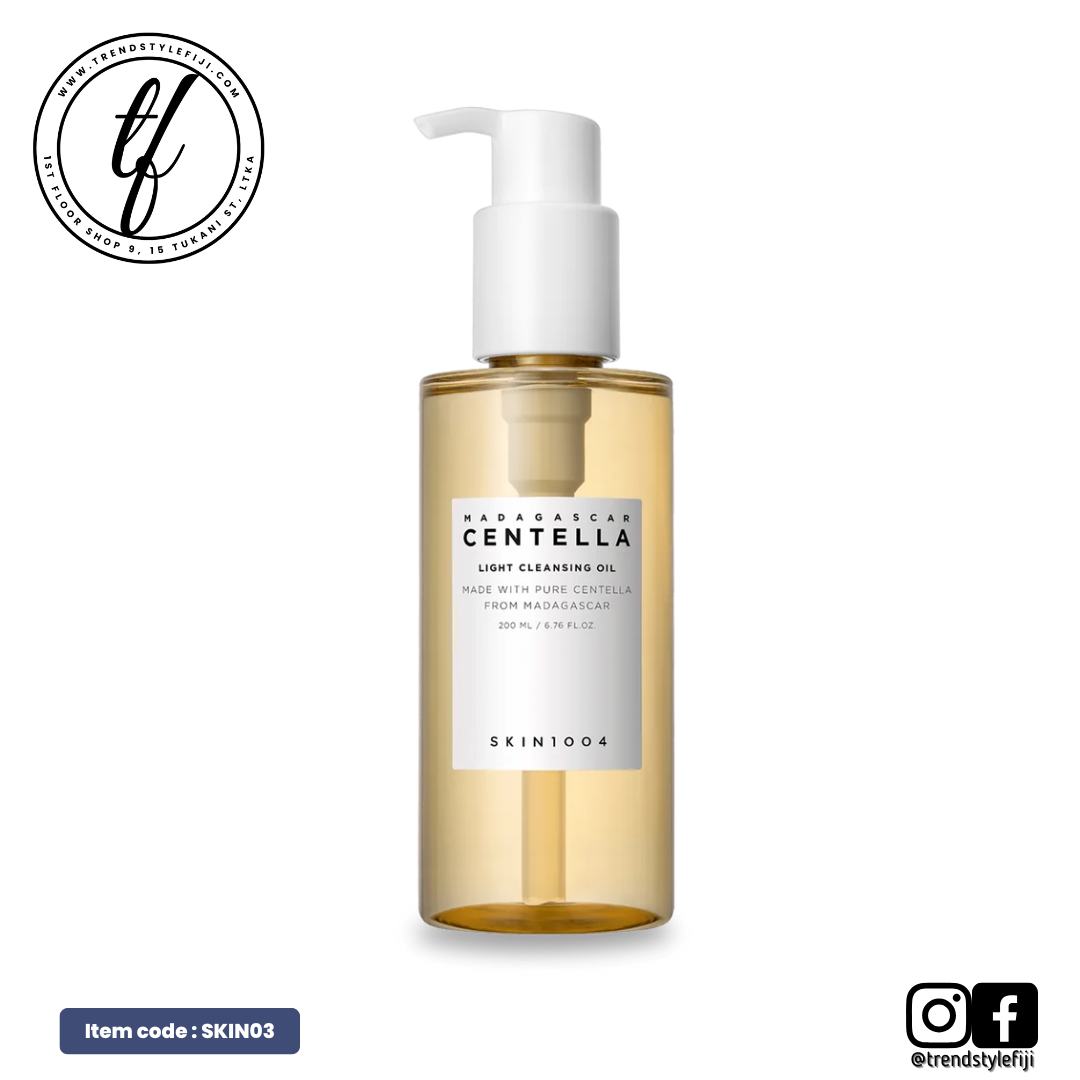 A pump bottle of SKIN1004 Centella Light Cleansing Oil with a beige label and white text.