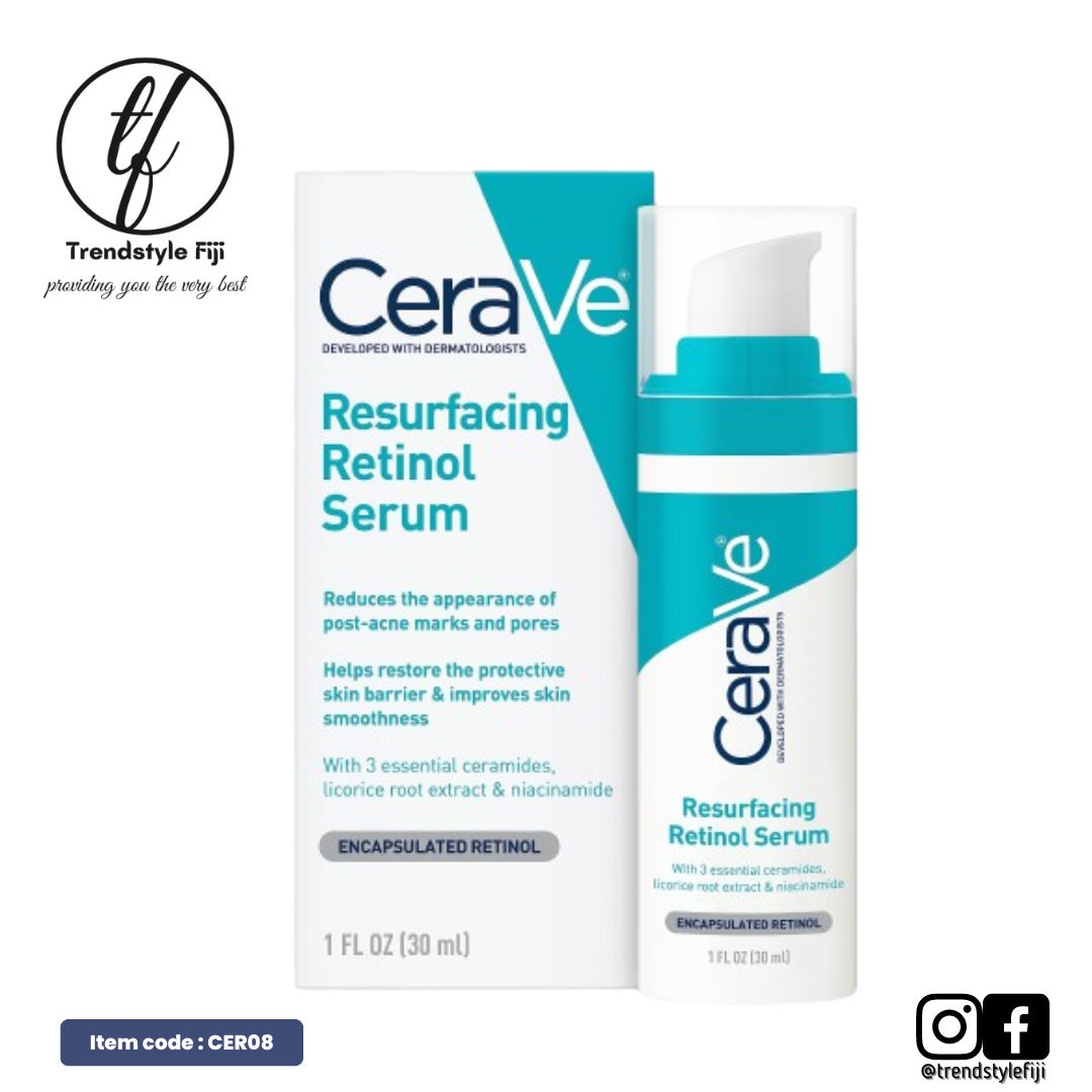 Packaging of CeraVe Resurfacing Retinol Serum with the product's benefits highlighted. The packaging is predominantly white and teal with text and a logo.