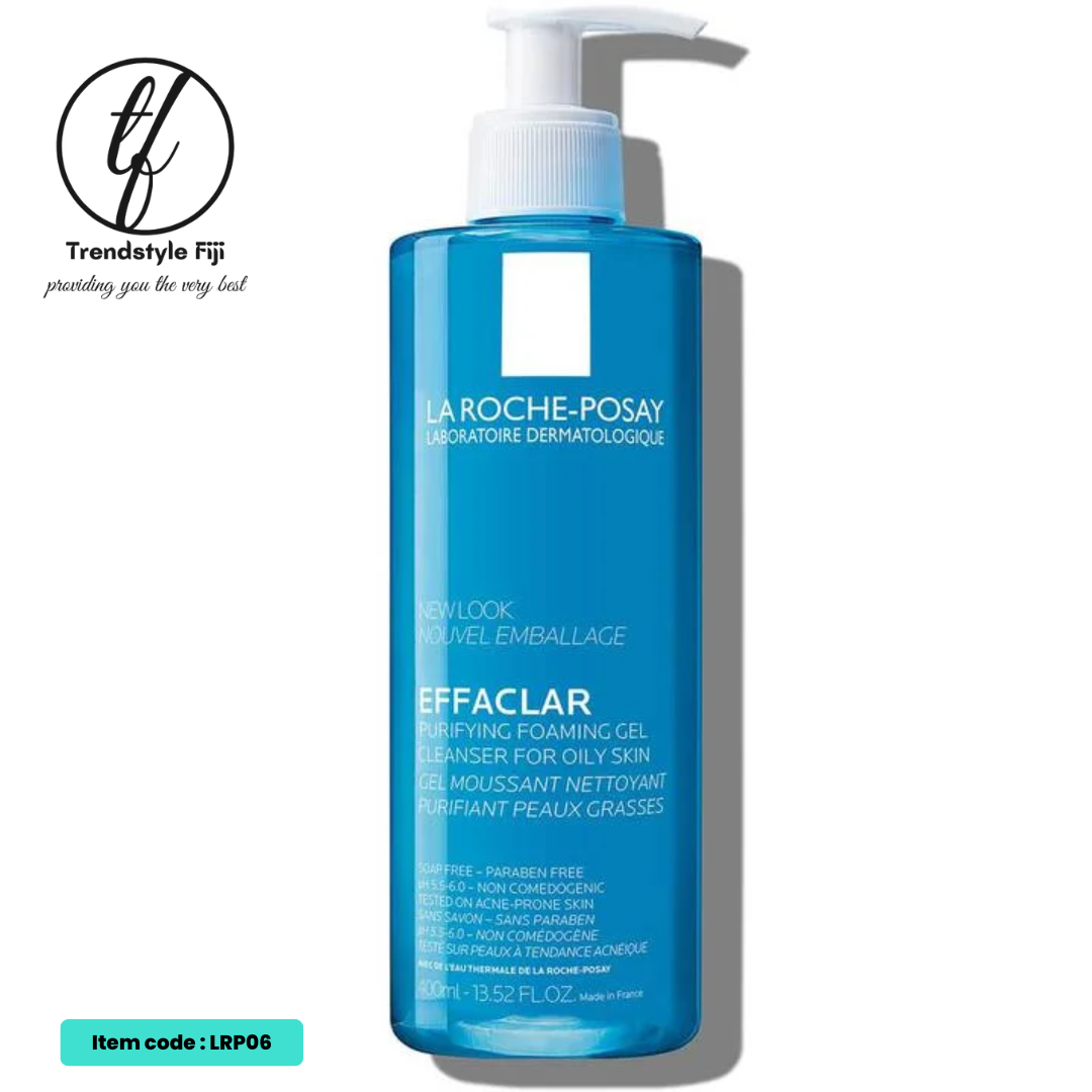 A pump bottle of LA ROCHE POSAY Effaclar Gel Facial Wash for Oily Skin, with blue and white labeling, on a white background.