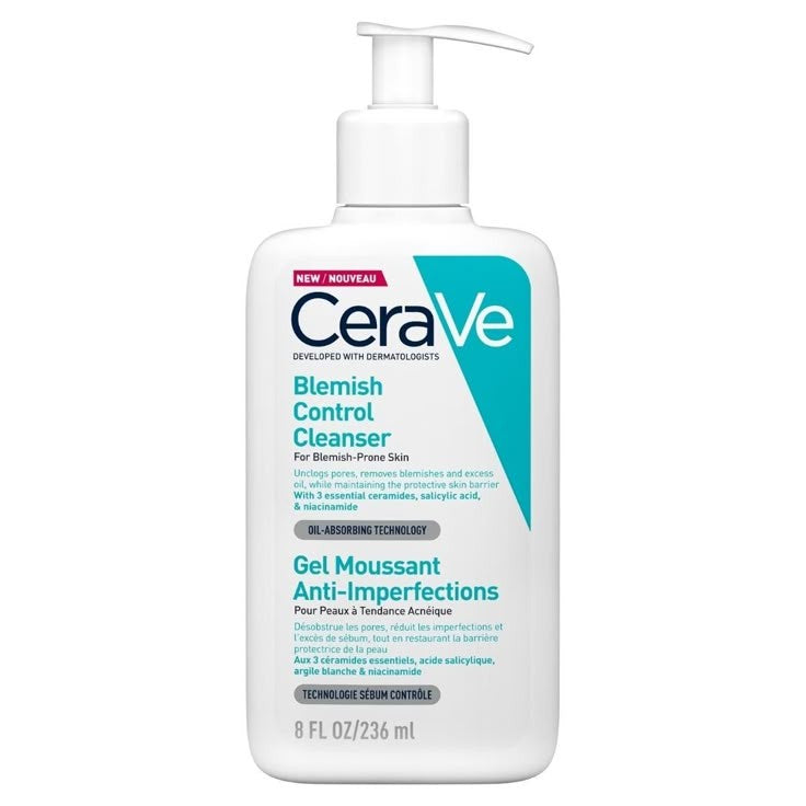 A pump bottle of CeraVe Blemish Control Cleanser with product information and branding visible.