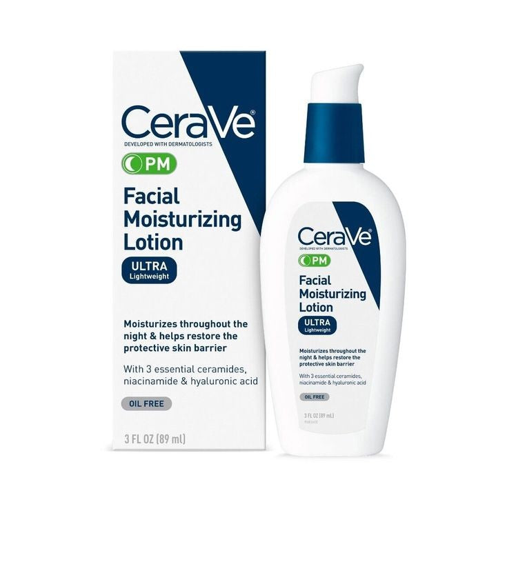 CeraVe PM Facial Moisturizing Lotion packaging and bottle, with blue and white color theme.