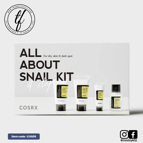 A product image showing a skincare kit labeled 'ALL ABOUT SNAIL KIT 4-step' by COSRX, containing various tubes and bottles of skincare products arranged on a white background.