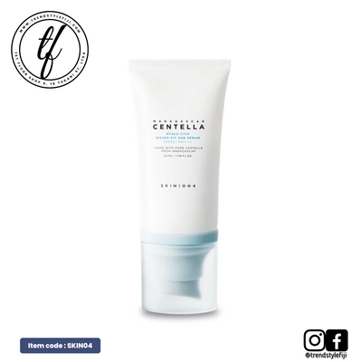 A tube of SKIN1004 Hyalu-Cica Water-Fit Sun Serum with SPF50+ PA++++ labelled as vegan, cruelty-free, and with EWG Green Grade certification.