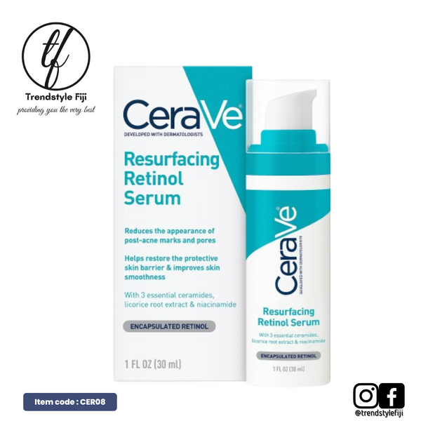 Packaging of CeraVe Resurfacing Retinol Serum with the product's benefits highlighted. The packaging is predominantly white and teal with text and a logo.