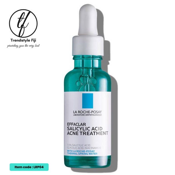 A bottle of LA ROCHE POSAY Effaclar Salicylic Acid Acne Treatment Serum with a dropper, against a white background.