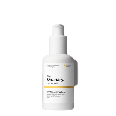 The Ordinary Suncare UV Filters SPF 45 Serum bottle on a white background